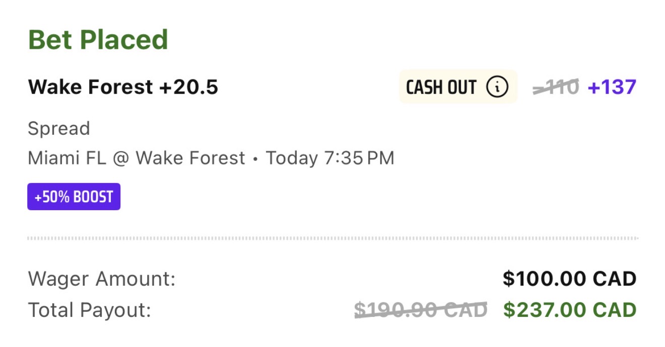 Original promo slip: Wake Forest +20.5, $100 CAD at boosted +137, total payout $237.00 CAD.
